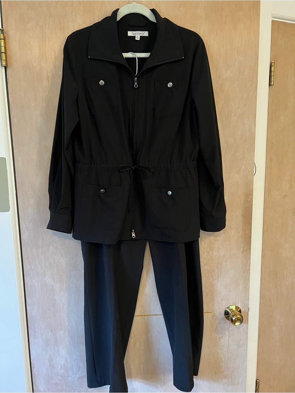 TravelSmith Black Women's Two-Piece Pantsuit with Drawstring Jacket